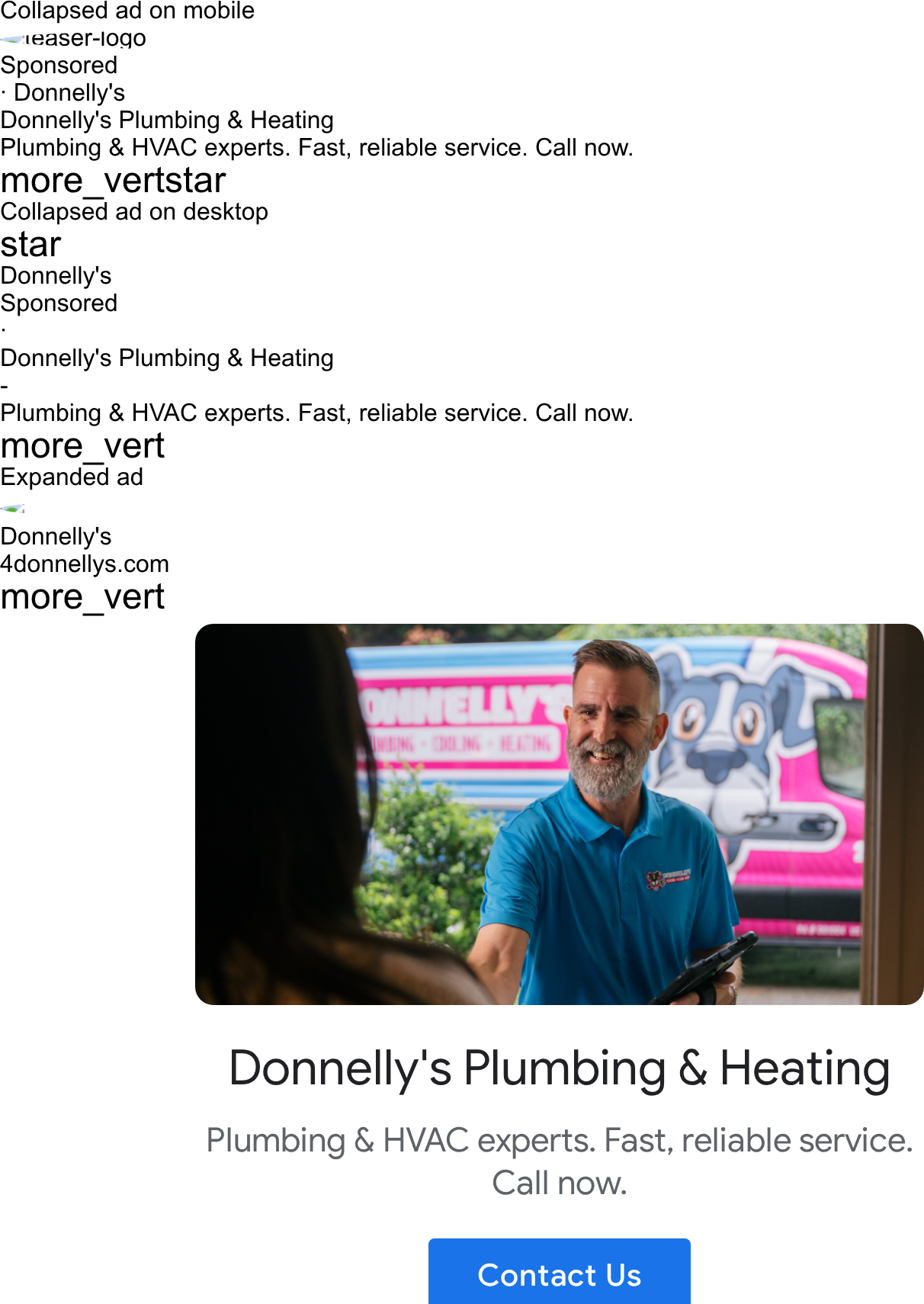 Ads evidence from Donnelly's Plumbing, Cooling, Heating & Electric