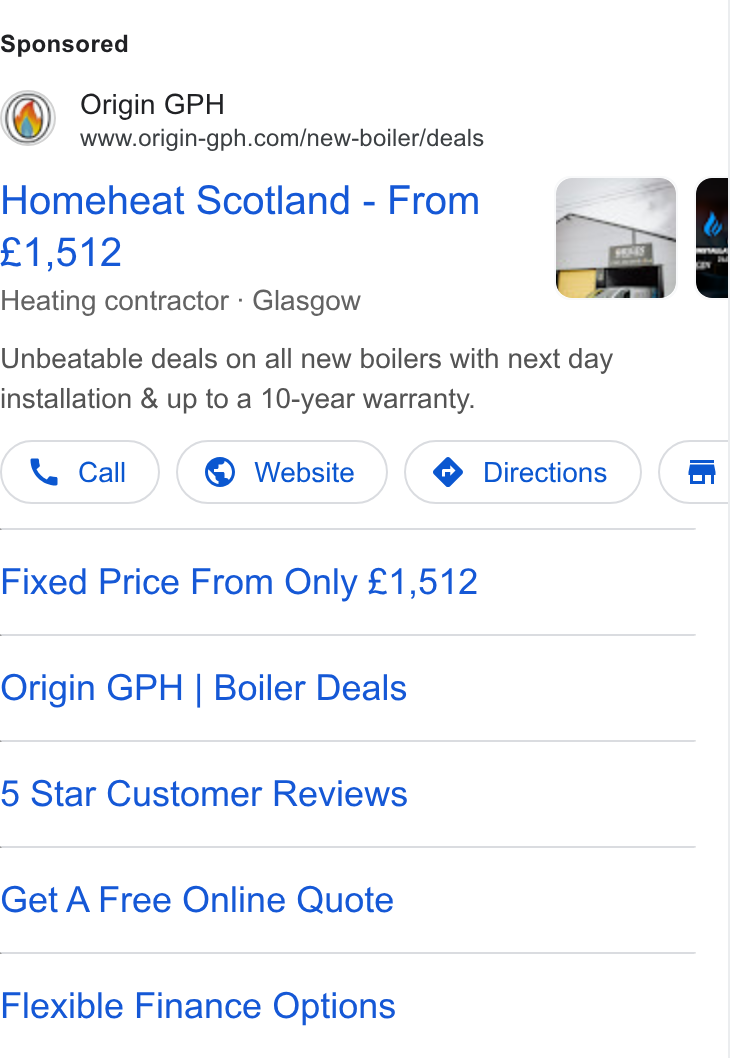 Ads evidence from Origin - Gas, Plumbing And Heating Glasgow